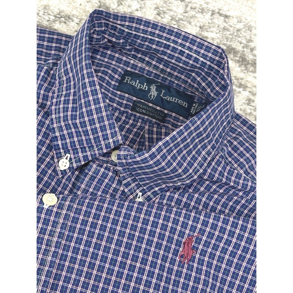Ralph Lauren Button Down Shirt Mens 16.5 34/35 Blue Plaid Yarmouth Cotton
